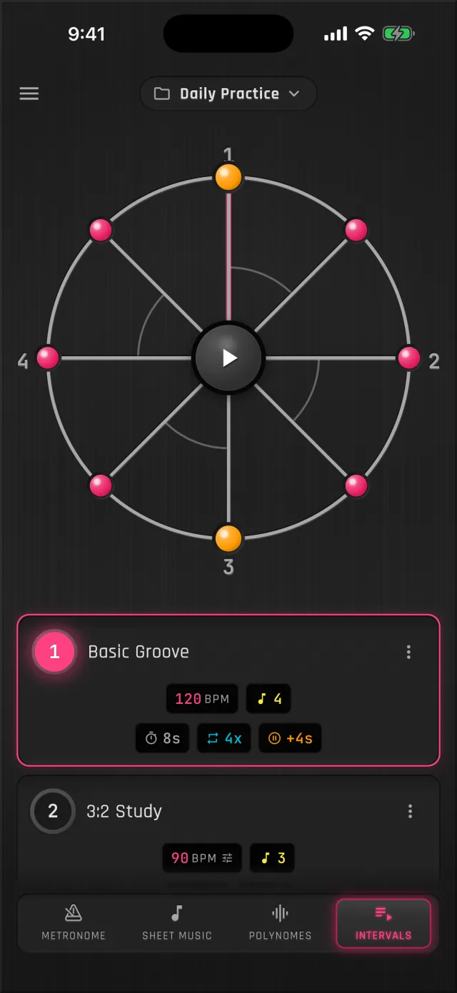 MetronomeLab's Intervals tab with the routine Daily Practice: item 1, Basic Groove, at 120 BPM with a 4-beat count-in, 8 s length, 4 loops and a 4 s wait; item 2, 3:2 Study, at 90 BPM with a 3-beat count-in.