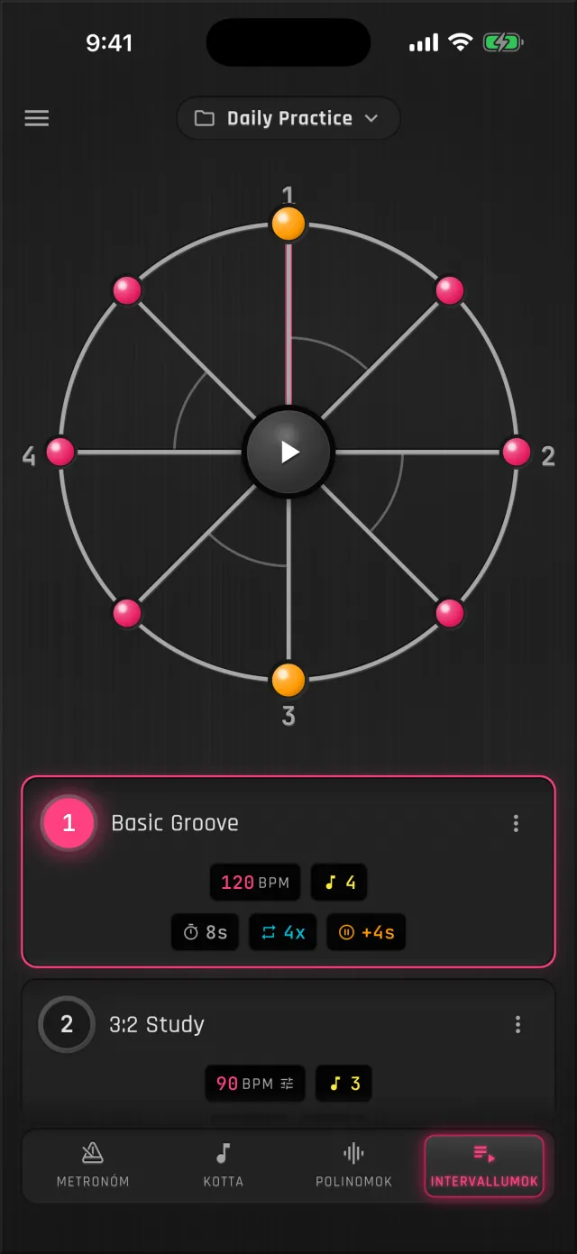 A MetronomeLab Intervallumok lapja a Daily Practice rutinnal: az 1. elem, a Basic Groove 120 BPM, 4 ütés beszámolás, 8 mp hossz, 4 ismétlés és 4 mp várakozás; a 2. elem, a 3:2 Study 90 BPM, 3 ütés beszámolással.