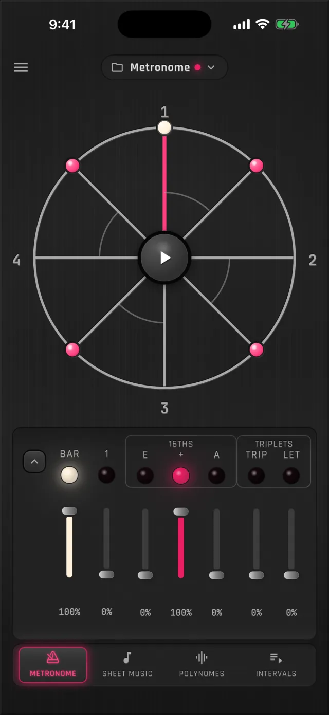 MetronomeLab's beat pattern with the mixer open: Bar and + at 100%, the quarter-note 1 and the other subdivisions at 0%. On the circle, beat 1 keeps its accent, beats 2, 3 and 4 are silent empty spokes, and the four offbeats are pink points.