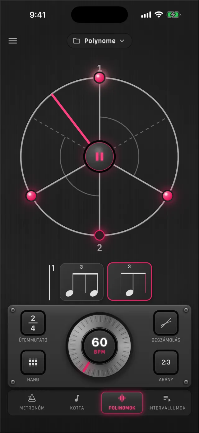 A MetronomeLab Polinomok lapja 3 a 2 ellen ritmust játszik 60 BPM-mel: a körön két számozott ütéspont és három rózsaszín hangjegypont, körbejáró mutatóval; alatta a hangjegycellák és a vezérlőpanel 2/4-es ütemmutatóval, beszámolással, hanggal és 2:3-as aránnyal (az alkalmazás az ütések számát írja előre).