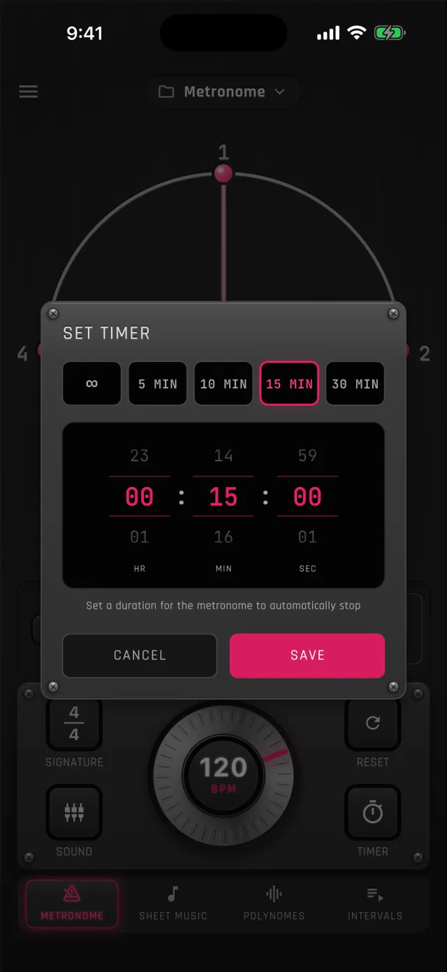 Set Timer dialog on MetronomeLab's Metronome tab: the 15 MIN preset is selected and the hour, minute and second wheels read 00:15:00, so the metronome stops by itself after 15 minutes.