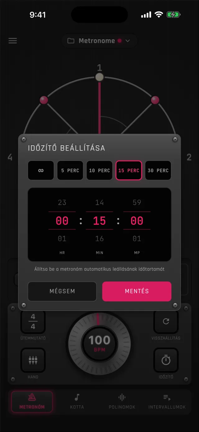 Időzítő beállítása ablak a MetronomeLab Metronóm lapján: a 15 PERC előbeállítás van kijelölve, az óra-, perc- és másodpercgörgő 00:15:00-t mutat, így a metronóm 15 perc után magától leáll.