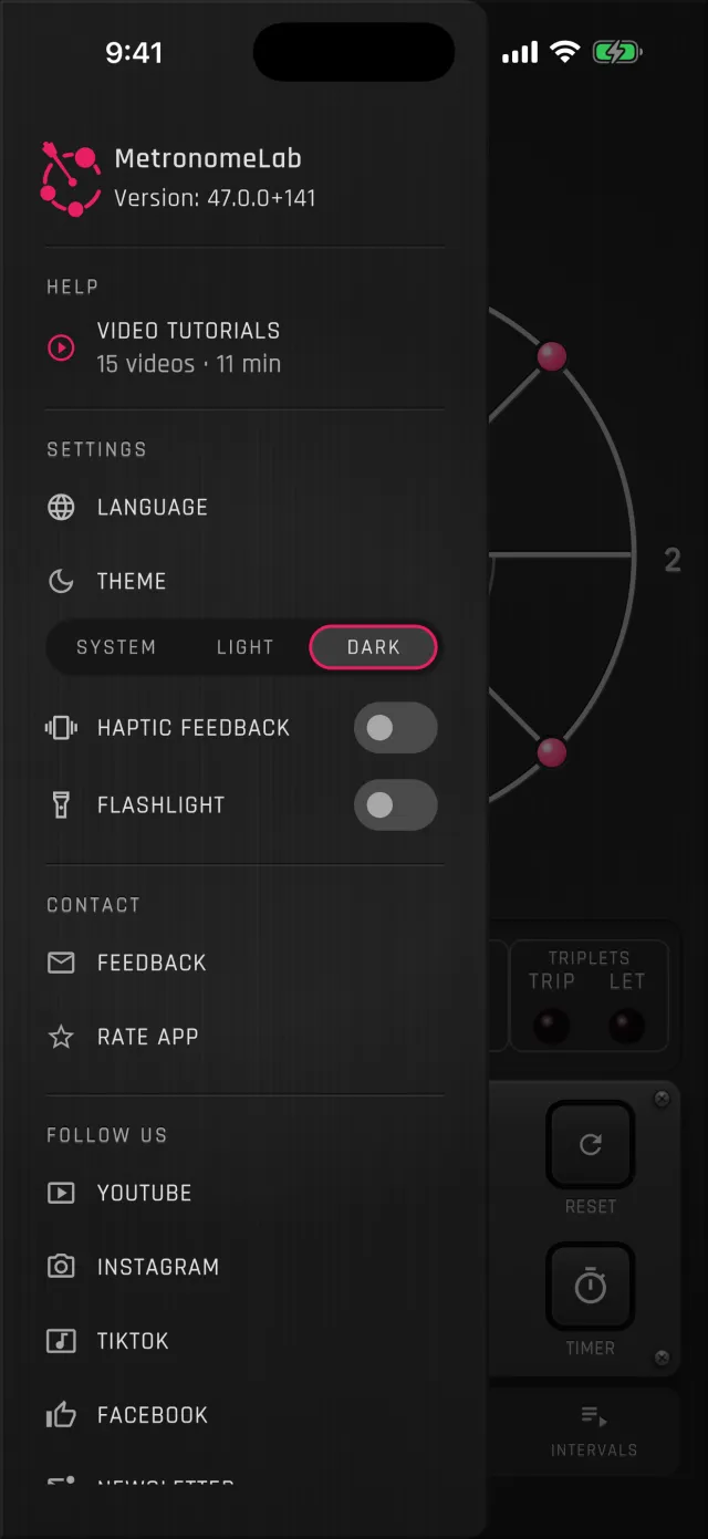 MetronomeLab's menu: Help with video tutorials, and Settings with Language, Theme (System, Light, Dark; Dark selected), and the Haptic feedback and Flashlight switches, both off.